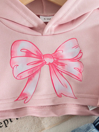 3pcs/Set Baby Girls' Casual American Style Pink Bow Print Hoodie Sweatshirt, Solid Color Camisole, And Bow Tie Straight Leg Jeans, Autumn/Winter