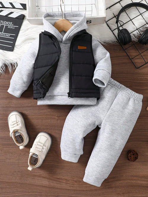 3pcs Toddler Baby Boy Winter Casual Outfit, Cozy Thickened Fleece Lined Hoodie Sweatpants With Zip-Up Gilet Quilted Vest Kawaii Cute Back To School