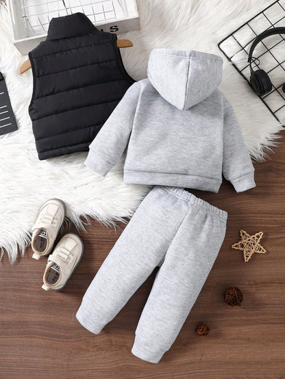 3pcs Toddler Baby Boy Winter Casual Outfit, Cozy Thickened Fleece Lined Hoodie Sweatpants With Zip-Up Gilet Quilted Vest Kawaii Cute Back To School