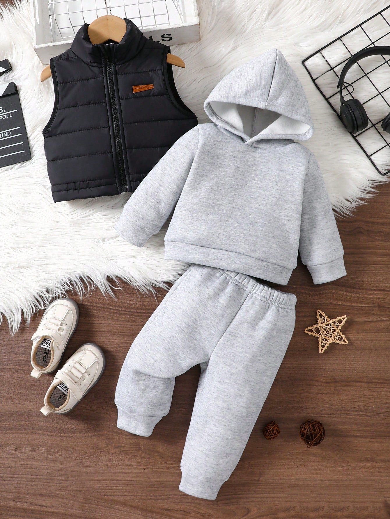 3pcs Toddler Baby Boy Winter Casual Outfit, Cozy Thickened Fleece Lined Hoodie Sweatpants With Zip-Up Gilet Quilted Vest Kawaii Cute Back To School