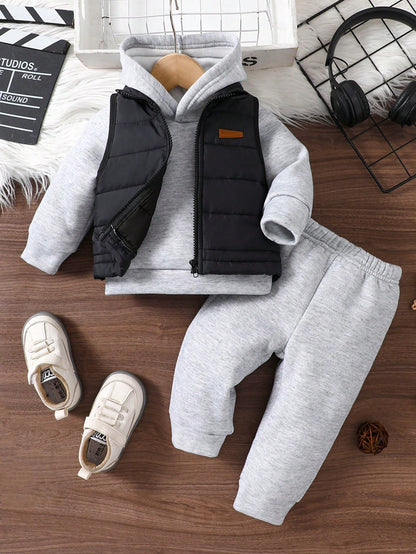 3pcs Toddler Baby Boy Winter Casual Outfit, Cozy Thickened Fleece Lined Hoodie Sweatpants With Zip-Up Gilet Quilted Vest Kawaii Cute Back To School