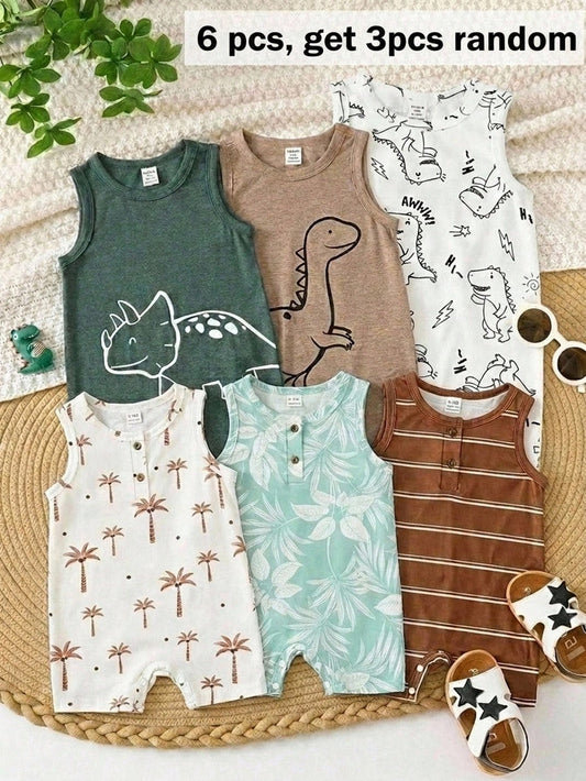 3pcs Unisex Baby Boy Spring/Summer Cute Coconut Tree And Striped Print Sleeveless Romper Shorts Multi-Pack, Spring/Summer Baby Boy Clothes 6pcs, Get 3 Pcs Random
