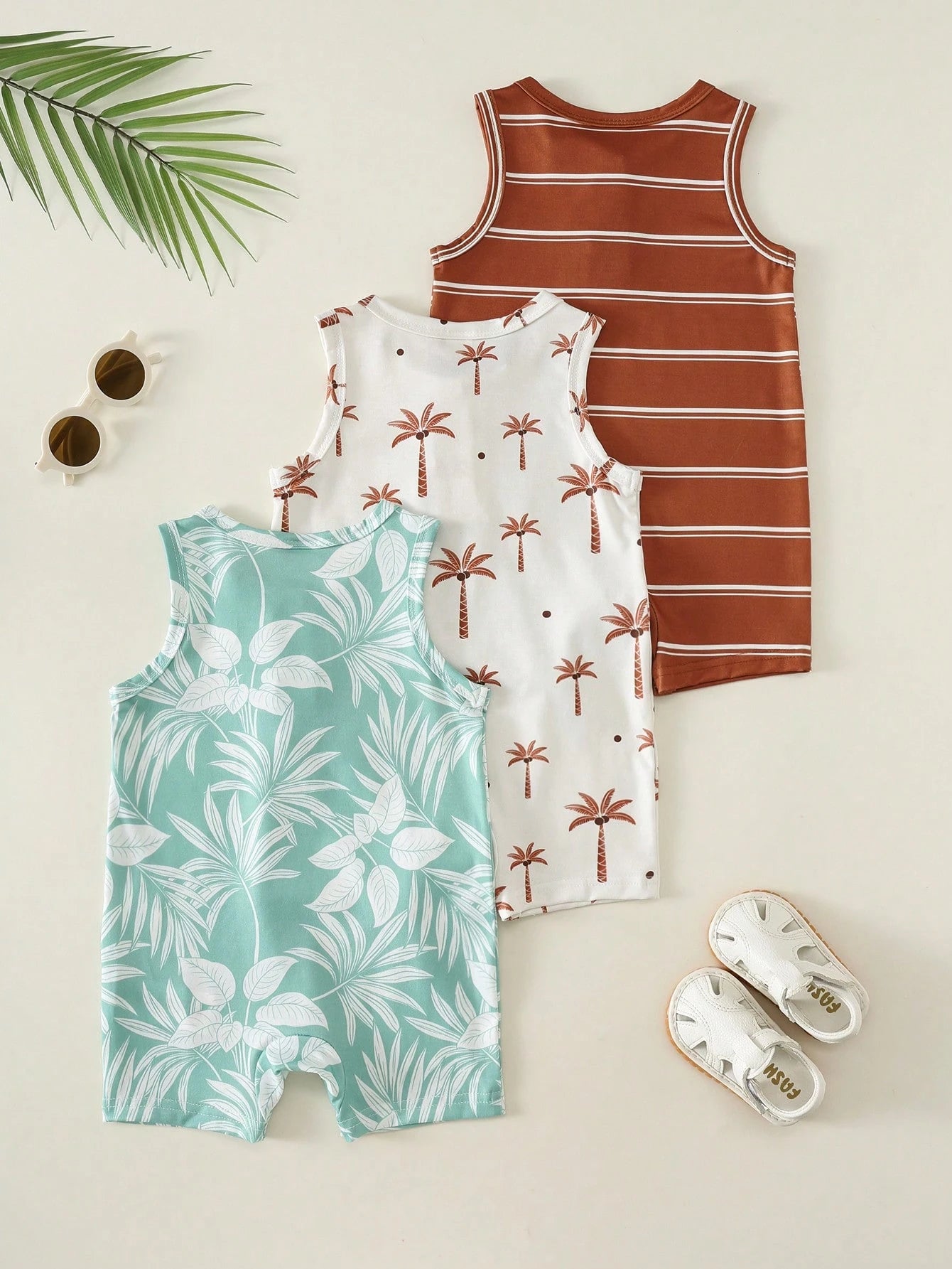 3pcs Unisex Baby Boy Spring/Summer Cute Coconut Tree And Striped Print Sleeveless Romper Shorts Multi-Pack, Spring/Summer Baby Boy Clothes 6pcs, Get 3 Pcs Random