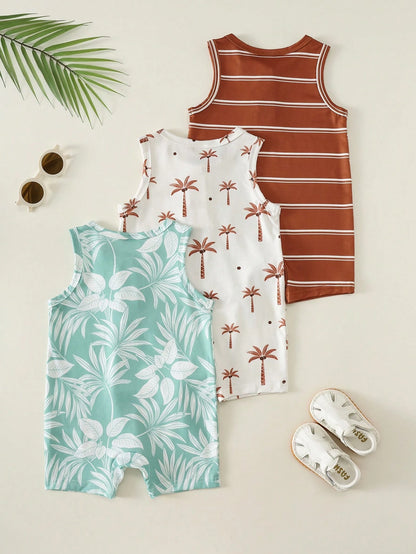 3pcs Unisex Baby Boy Spring/Summer Cute Coconut Tree And Striped Print Sleeveless Romper Shorts Multi-Pack, Spring/Summer Baby Boy Clothes 6pcs, Get 3 Pcs Random