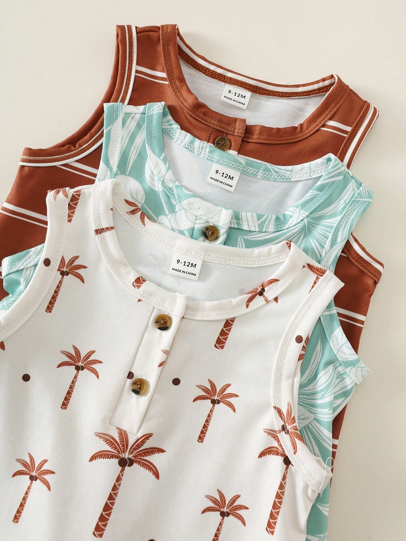 3pcs Unisex Baby Boy Spring/Summer Cute Coconut Tree And Striped Print Sleeveless Romper Shorts Multi-Pack, Spring/Summer Baby Boy Clothes 6pcs, Get 3 Pcs Random