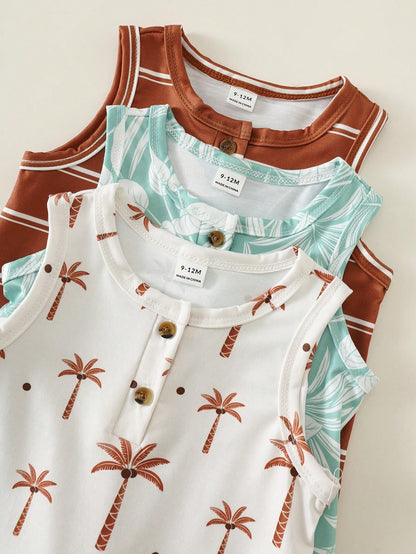 3pcs Unisex Baby Boy Spring/Summer Cute Coconut Tree And Striped Print Sleeveless Romper Shorts Multi-Pack, Spring/Summer Baby Boy Clothes 6pcs, Get 3 Pcs Random