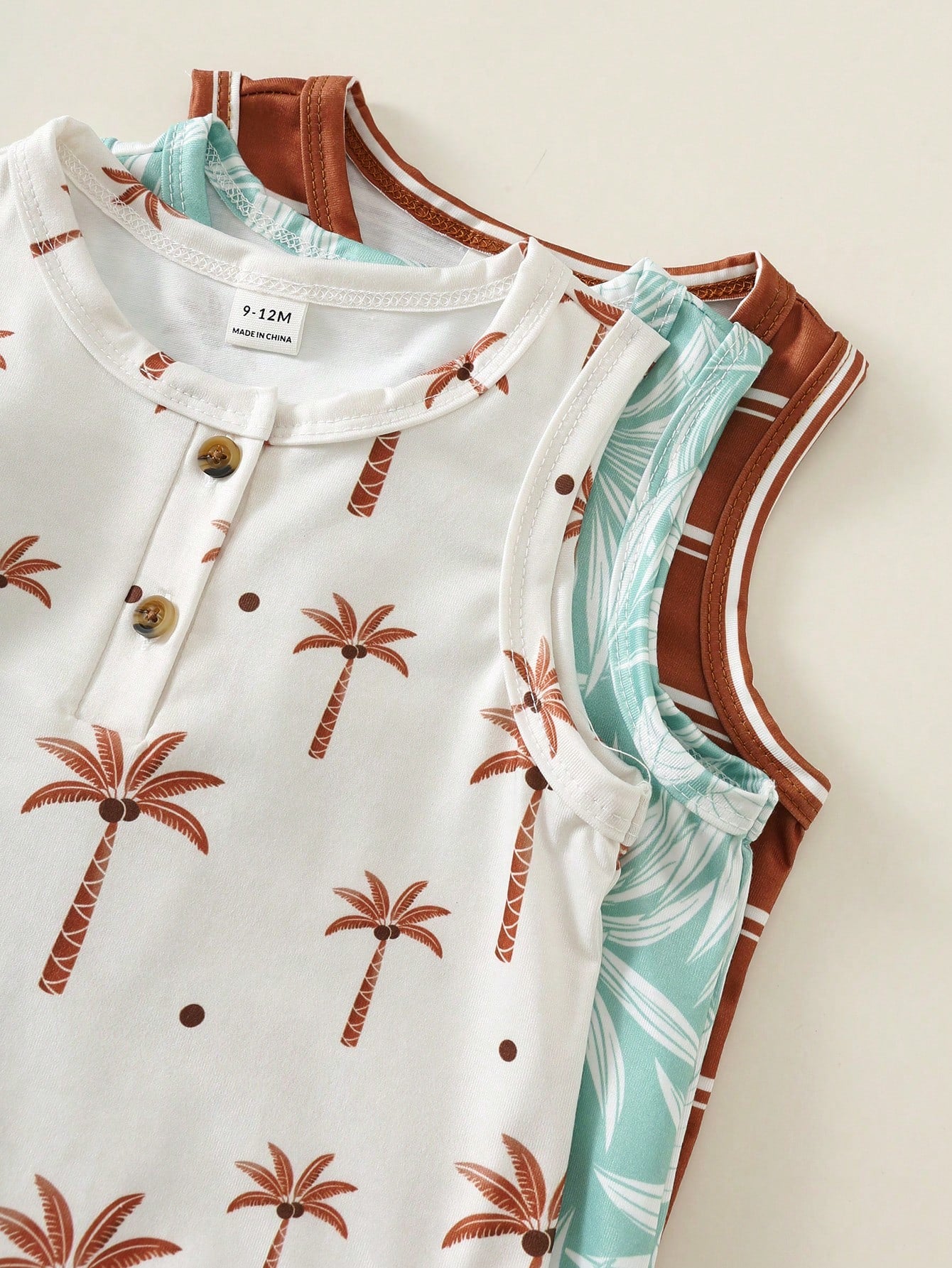 3pcs Unisex Baby Boy Spring/Summer Cute Coconut Tree And Striped Print Sleeveless Romper Shorts Multi-Pack, Spring/Summer Baby Boy Clothes 6pcs, Get 3 Pcs Random