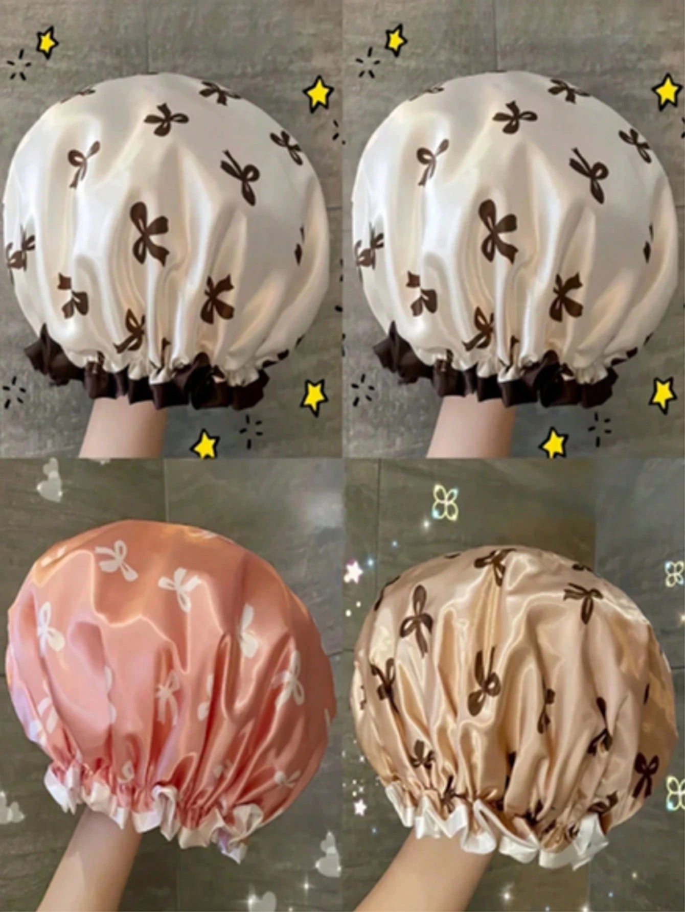 3pcs Waterproof Double-Layer Bow Shower Cap, Double Layer Bath Cap, Women's Hair Waterproof And Moisture-Proof For Bathing And Showering Elastic Shower Cap, Suitable For Face Washing, Drying Hair, Mak