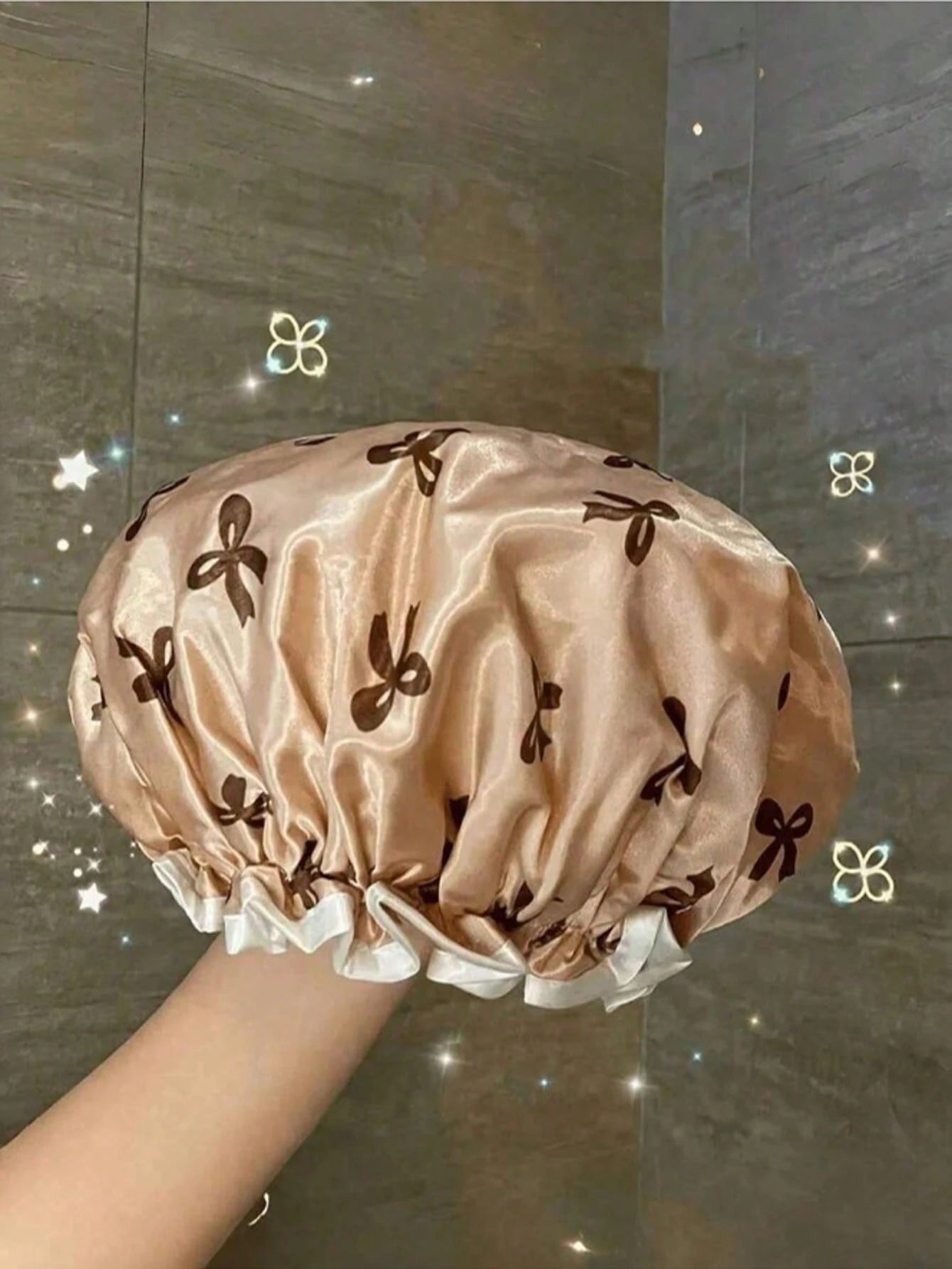 3pcs Waterproof Double-Layer Bow Shower Cap, Double Layer Bath Cap, Women's Hair Waterproof And Moisture-Proof For Bathing And Showering Elastic Shower Cap, Suitable For Face Washing, Drying Hair, Mak