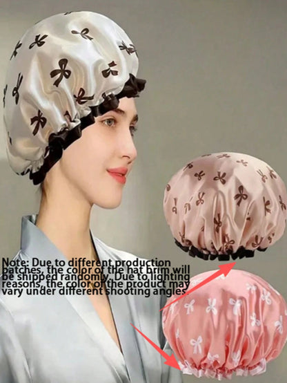 3pcs Waterproof Double-Layer Bow Shower Cap, Double Layer Bath Cap, Women's Hair Waterproof And Moisture-Proof For Bathing And Showering Elastic Shower Cap, Suitable For Face Washing, Drying Hair, Mak
