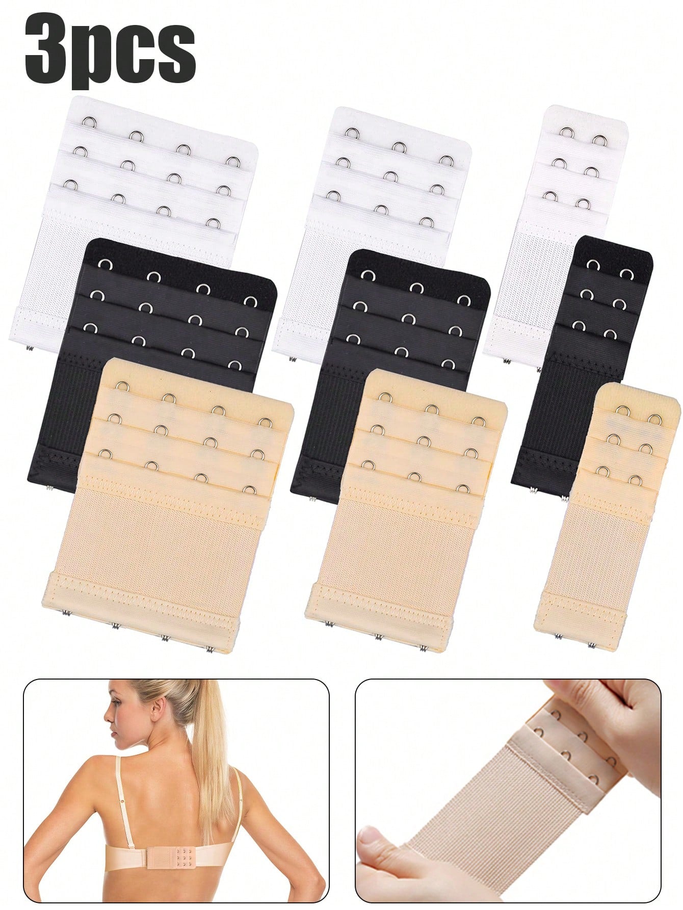 3pcs Women's Bra Extenders 2 Hooks/3 Hooks/4 Hooks Bra Extension,Soft Stretchy Back Bra Extension Strap,Bra Extension Strap, Ladies' Lingerie Clasps For Bra Band