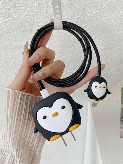 4-In-1 Penguin Design 18W Apple Charger Adapter, Data Cable, Silicone Protector Case Set Compatible With Apple Phones Charger Protector Charger Case Phone Accessories