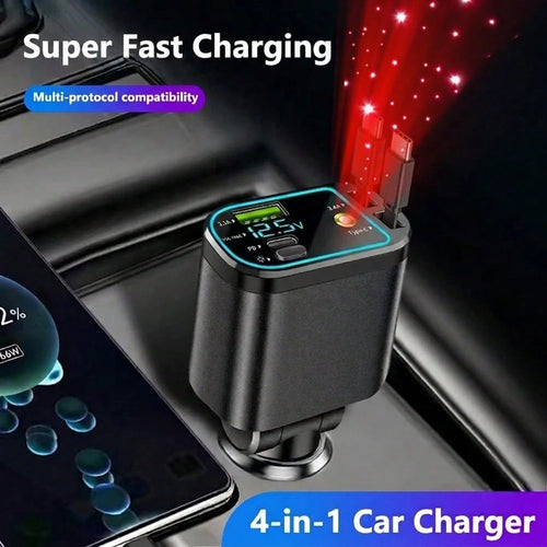 4-In-1 Starry Car Charger, 120W Fast Charging Car Charger, USB-C Car Charger Adapter, Car Accessory With Starry Car Top, USB Port Car Phone Charger, 180° Adjustable Plug