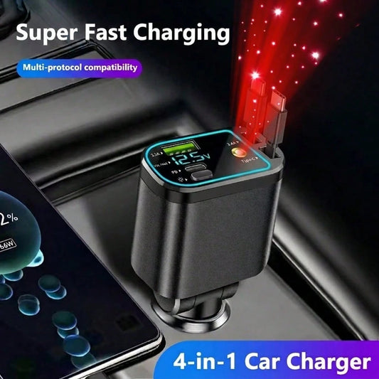 4-In-1 Starry Car Charger, 120W Fast Charging Car Charger, USB-C Car Charger Adapter, Car Accessory With Starry Car Top, USB Port Car Phone Charger, 180° Adjustable Plug