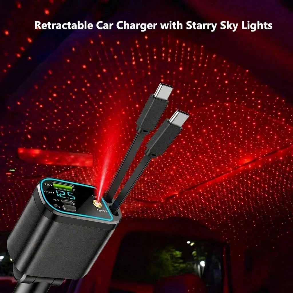 4-In-1 Starry Car Charger, 120W Fast Charging Car Charger, USB-C Car Charger Adapter, Car Accessory With Starry Car Top, USB Port Car Phone Charger, 180° Adjustable Plug