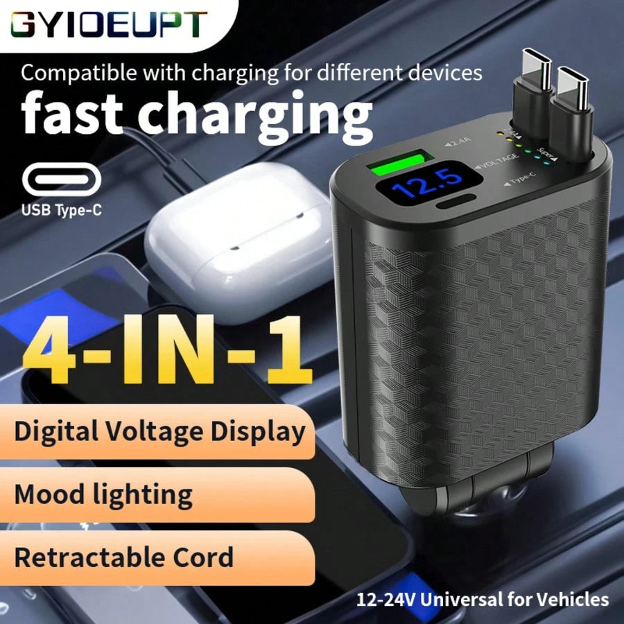 4-In-1 Starry Car Charger, 120W Fast Charging Car Charger, USB-C Car Charger Adapter, Car Accessory With Starry Car Top, USB Port Car Phone Charger, 180° Adjustable Plug