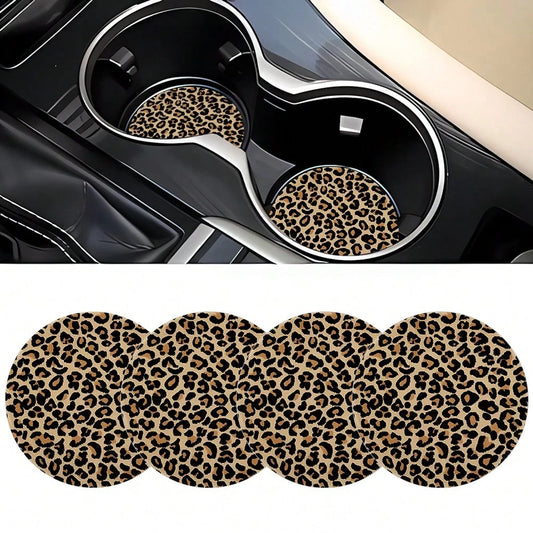 4 Pack 2.75 Inch Leopard Print PU Leather Car Cup Mats Non Slip Fashion Auto Interior Coaster Decor Family Friends Car Accessories