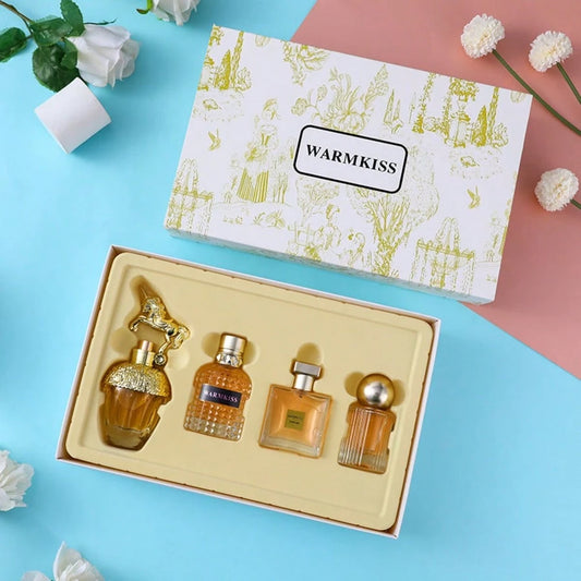 4 Pcs Women Eau De Parfum Gift Set, Vintage Golden Unique Shaped Bottle Floral Fruity Perfume Sampler Kit, Long Lasting Sweet Elegant Fragrance Spray, Garden Sketch Printed Luxury Gift Box For Ladies