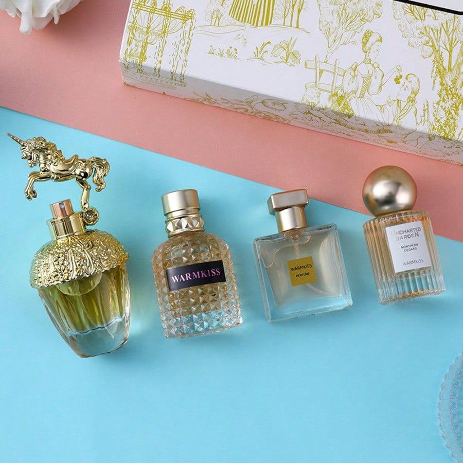 4 Pcs Women Eau De Parfum Gift Set, Vintage Golden Unique Shaped Bottle Floral Fruity Perfume Sampler Kit, Long Lasting Sweet Elegant Fragrance Spray, Garden Sketch Printed Luxury Gift Box For Ladies
