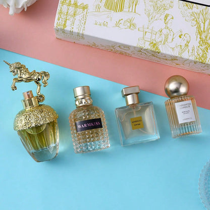 4 Pcs Women Eau De Parfum Gift Set, Vintage Golden Unique Shaped Bottle Floral Fruity Perfume Sampler Kit, Long Lasting Sweet Elegant Fragrance Spray, Garden Sketch Printed Luxury Gift Box For Ladies