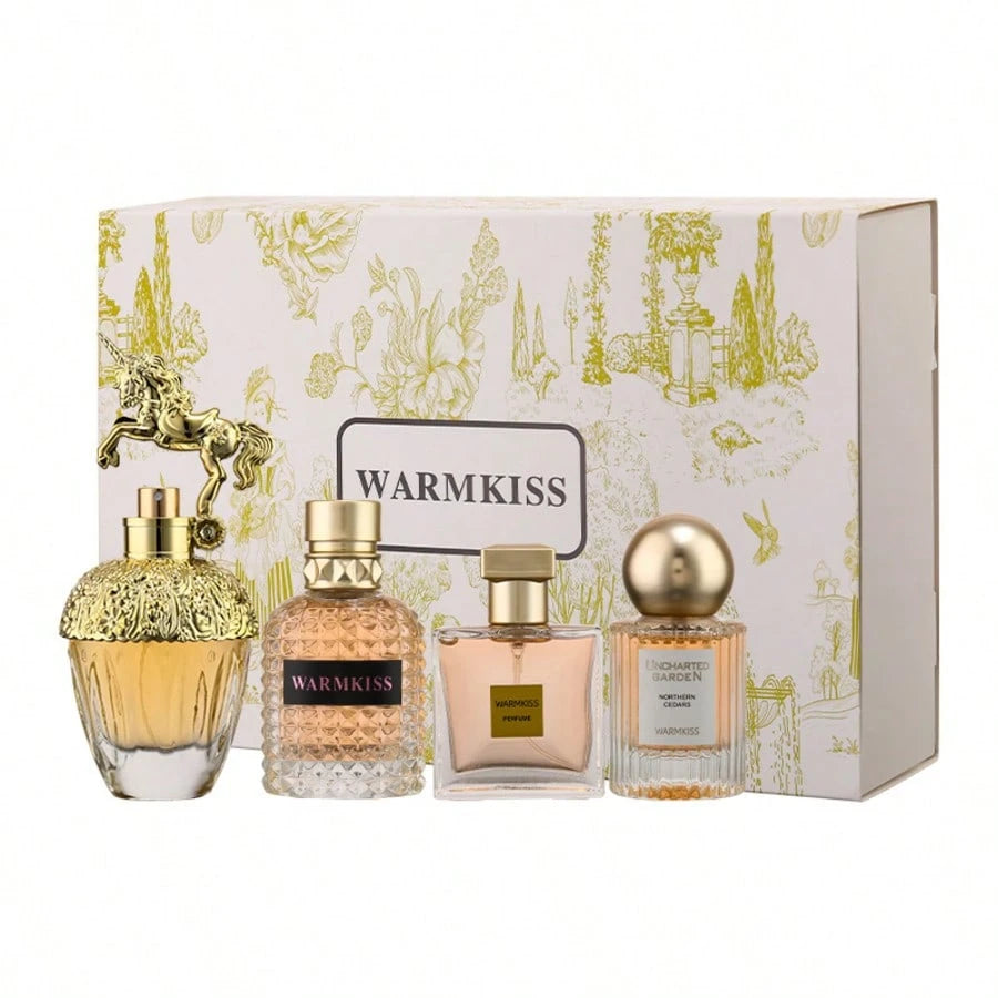 4 Pcs Women Eau De Parfum Gift Set, Vintage Golden Unique Shaped Bottle Floral Fruity Perfume Sampler Kit, Long Lasting Sweet Elegant Fragrance Spray, Garden Sketch Printed Luxury Gift Box For Ladies