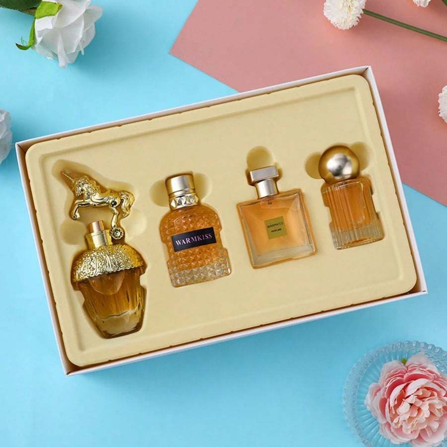 4 Pcs Women Eau De Parfum Gift Set, Vintage Golden Unique Shaped Bottle Floral Fruity Perfume Sampler Kit, Long Lasting Sweet Elegant Fragrance Spray, Garden Sketch Printed Luxury Gift Box For Ladies