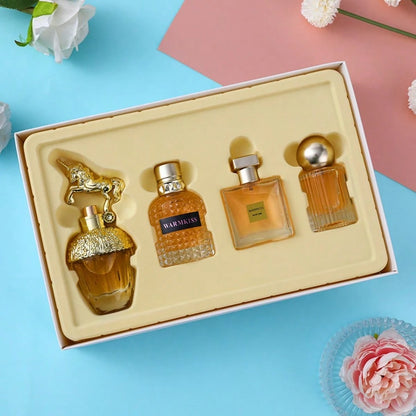 4 Pcs Women Eau De Parfum Gift Set, Vintage Golden Unique Shaped Bottle Floral Fruity Perfume Sampler Kit, Long Lasting Sweet Elegant Fragrance Spray, Garden Sketch Printed Luxury Gift Box For Ladies