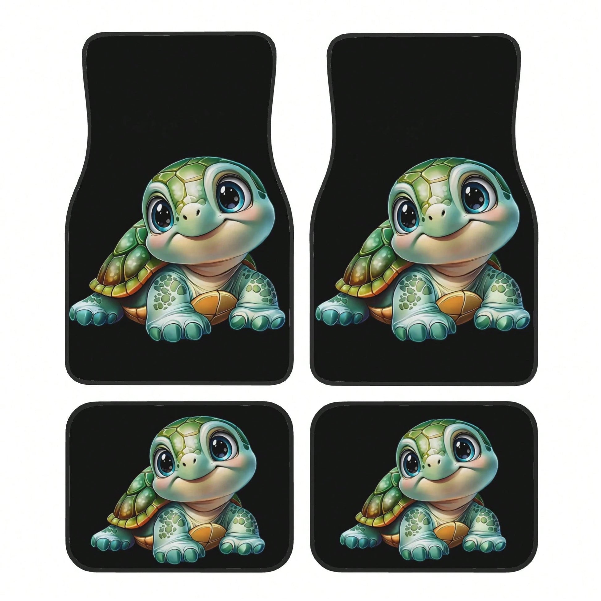 4-Piece Set Of Cute And Fun Turtle-Print Car Floor Mats- Suitable For Sedans, Trucks, And SUVs. Features Durable Interior Protection, Interesting Design, Comfortable Driving, And Easy Cleaning- Soli