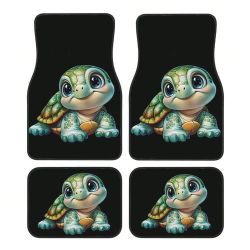 4-Piece Set Of Cute And Fun Turtle-Print Car Floor Mats- Suitable For Sedans, Trucks, And SUVs. Features Durable Interior Protection, Interesting Design, Comfortable Driving, And Easy Cleaning- Soli