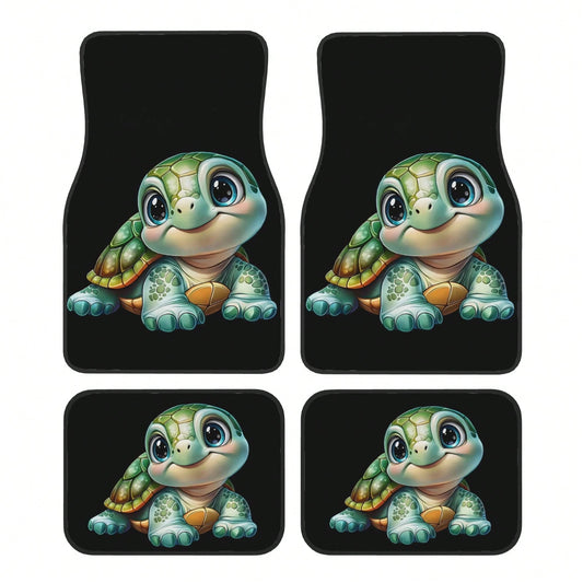 4-Piece Set Of Cute And Fun Turtle-Print Car Floor Mats- Suitable For Sedans, Trucks, And SUVs. Features Durable Interior Protection, Interesting Design, Comfortable Driving, And Easy Cleaning- Soli