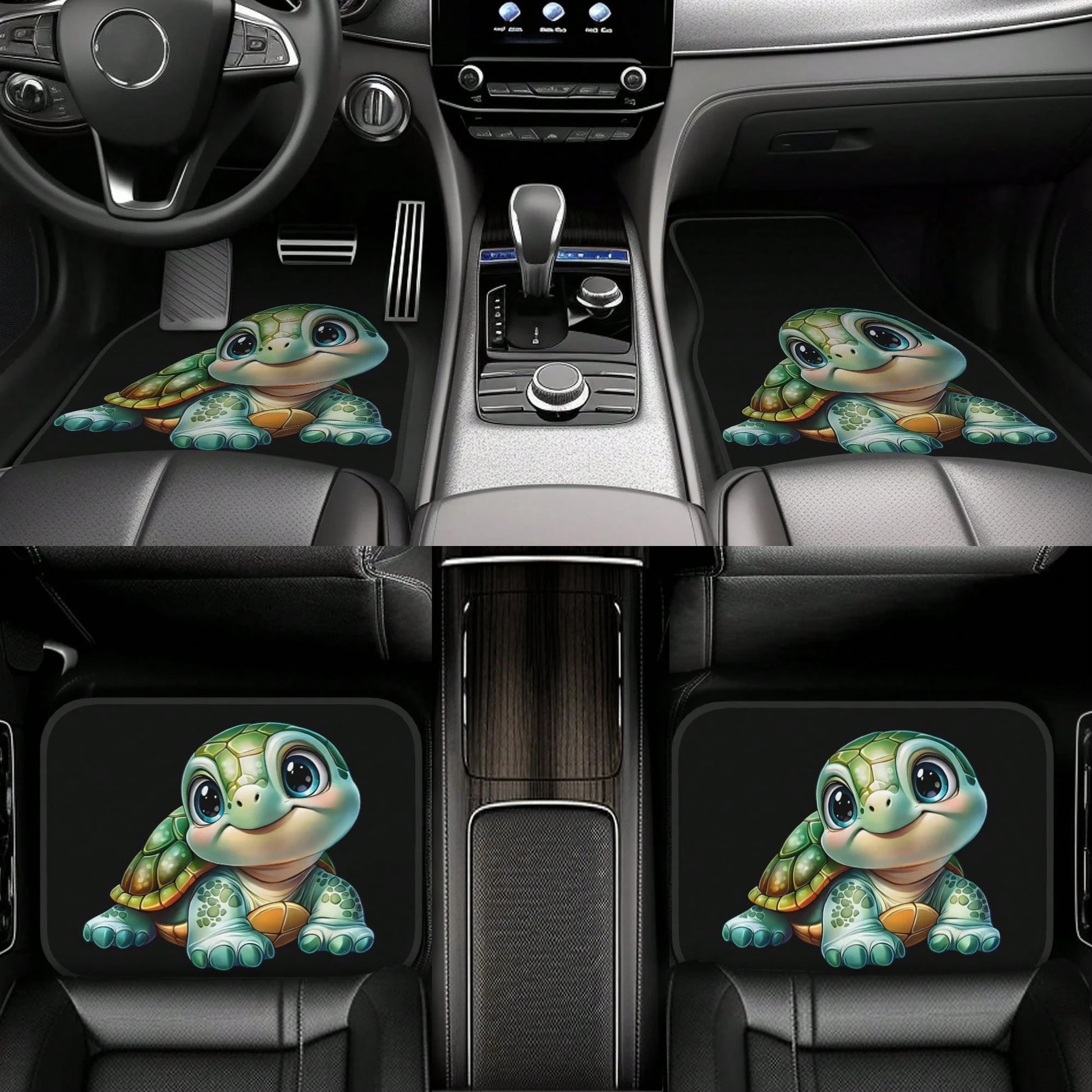 4-Piece Set Of Cute And Fun Turtle-Print Car Floor Mats- Suitable For Sedans, Trucks, And SUVs. Features Durable Interior Protection, Interesting Design, Comfortable Driving, And Easy Cleaning- Soli