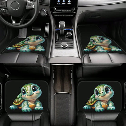 4-Piece Set Of Cute And Fun Turtle-Print Car Floor Mats- Suitable For Sedans, Trucks, And SUVs. Features Durable Interior Protection, Interesting Design, Comfortable Driving, And Easy Cleaning- Soli