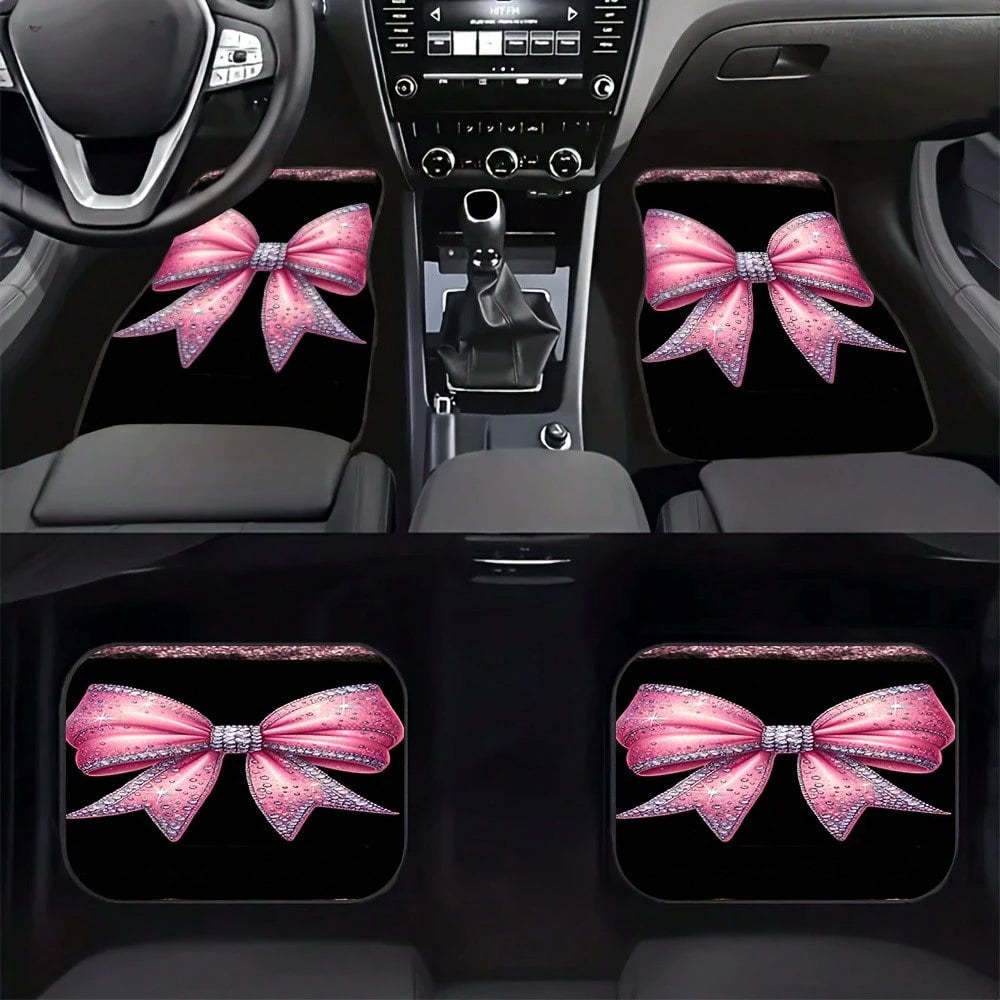 4-Piece Set Of Shiny Pink Bow Rhinestone Print Car Floor Mats- Suitable For All-Weather Front And Rear Seat Mats, Dazzling Car Interior Accessories With Pink Bow Design, Compatible With Sedans, SUVs