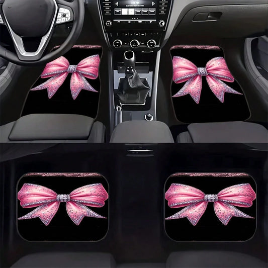 4-Piece Set Of Shiny Pink Bow Rhinestone Print Car Floor Mats- Suitable For All-Weather Front And Rear Seat Mats, Dazzling Car Interior Accessories With Pink Bow Design, Compatible With Sedans, SUVs