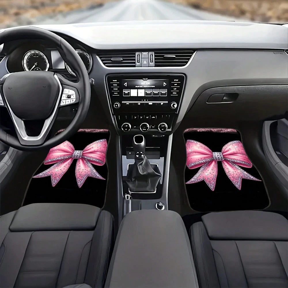 4-Piece Set Of Shiny Pink Bow Rhinestone Print Car Floor Mats- Suitable For All-Weather Front And Rear Seat Mats, Dazzling Car Interior Accessories With Pink Bow Design, Compatible With Sedans, SUVs