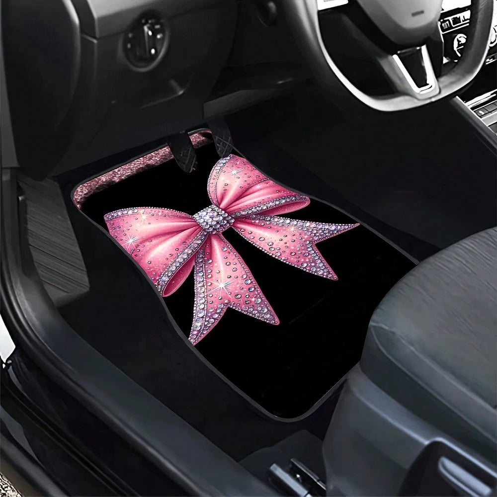4-Piece Set Of Shiny Pink Bow Rhinestone Print Car Floor Mats- Suitable For All-Weather Front And Rear Seat Mats, Dazzling Car Interior Accessories With Pink Bow Design, Compatible With Sedans, SUVs