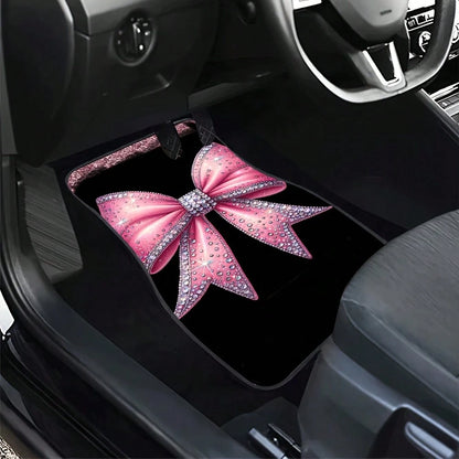 4-Piece Set Of Shiny Pink Bow Rhinestone Print Car Floor Mats- Suitable For All-Weather Front And Rear Seat Mats, Dazzling Car Interior Accessories With Pink Bow Design, Compatible With Sedans, SUVs