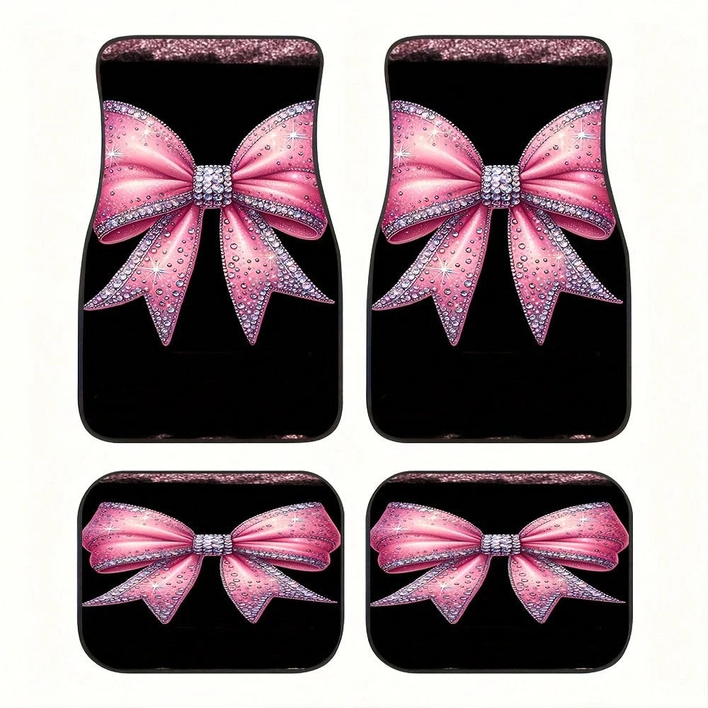 4-Piece Set Of Shiny Pink Bow Rhinestone Print Car Floor Mats- Suitable For All-Weather Front And Rear Seat Mats, Dazzling Car Interior Accessories With Pink Bow Design, Compatible With Sedans, SUVs