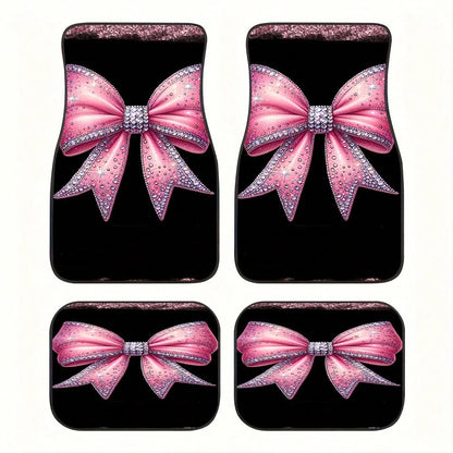 4-Piece Set Of Shiny Pink Bow Rhinestone Print Car Floor Mats- Suitable For All-Weather Front And Rear Seat Mats, Dazzling Car Interior Accessories With Pink Bow Design, Compatible With Sedans, SUVs