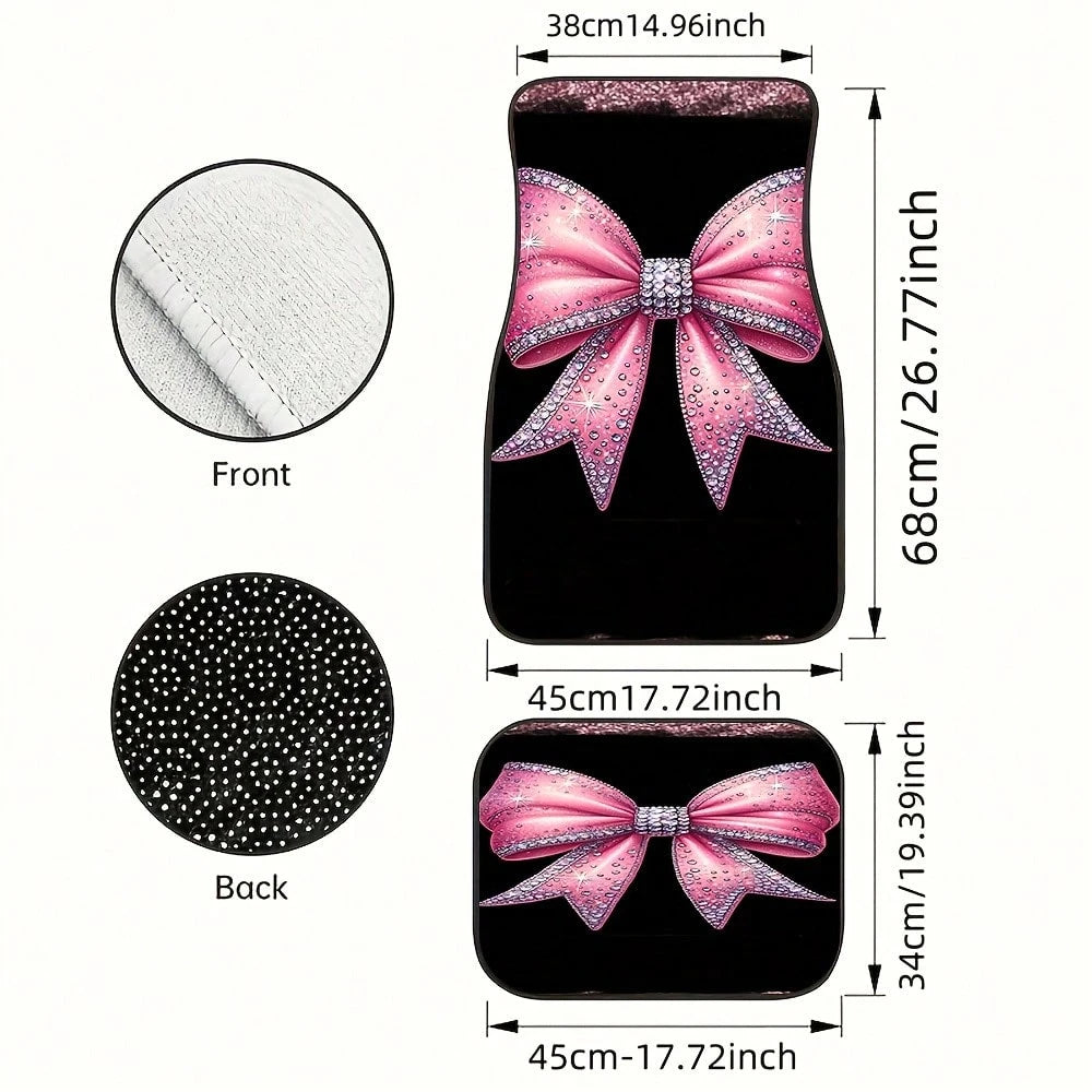 4-Piece Set Of Shiny Pink Bow Rhinestone Print Car Floor Mats- Suitable For All-Weather Front And Rear Seat Mats, Dazzling Car Interior Accessories With Pink Bow Design, Compatible With Sedans, SUVs