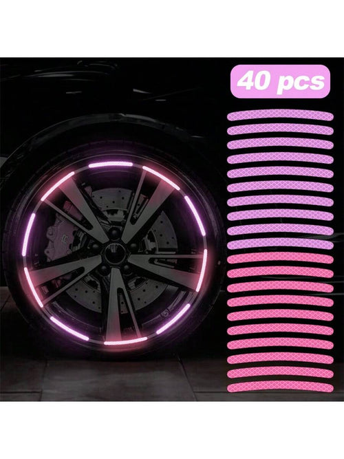 40pcs Car Wheel Hub Reflective Sticker Set, Colorful Night Light Decorative Stripe Sticker, Pink 20pcs+Purple 20pcs