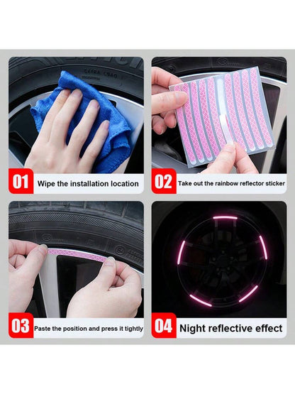 40pcs Car Wheel Hub Reflective Sticker Set, Colorful Night Light Decorative Stripe Sticker, Pink 20pcs+Purple 20pcs
