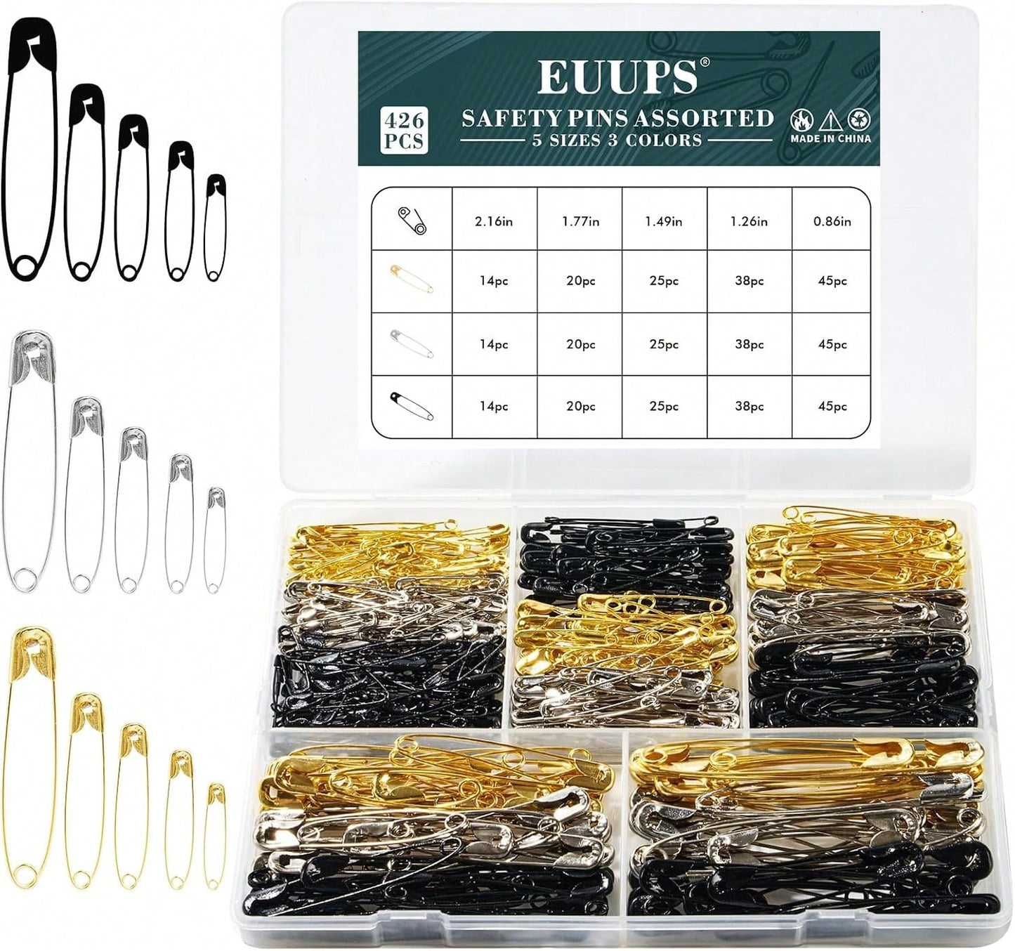 426PCS Large Safety Pins Silver Black Gold, 5 Sizes Safety Pins Assorted For Clothes, Durable Strong For Art Craft Sewing Jewelry Making Home Office