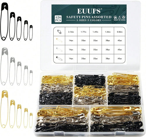 426PCS Large Safety Pins Silver Black Gold, 5 Sizes Safety Pins Assorted For Clothes, Durable Strong For Art Craft Sewing Jewelry Making Home Office