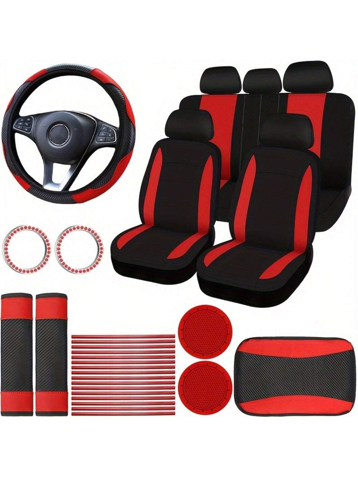 43-Piece Deluxe Pink Car Seat Cover Set: Leather Steering Wheel Cover, Cup Holder, Armrest Cushion, Seat Belt Cover, Air Freshener For Most Cars, SUVs And Trucks- The Perfect Choice For Stylish Ladie