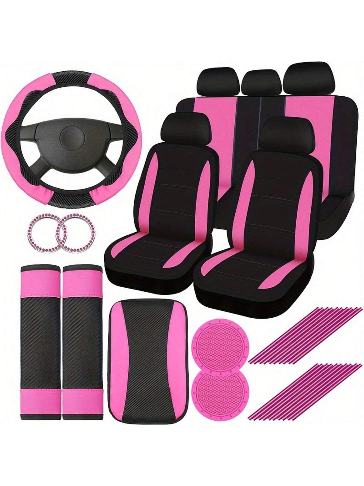 43-Piece Deluxe Pink Car Seat Cover Set: Leather Steering Wheel Cover, Cup Holder, Armrest Cushion, Seat Belt Cover, Air Freshener For Most Cars, SUVs And Trucks- The Perfect Choice For Stylish Ladie