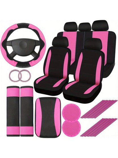 43-Piece Deluxe Pink Car Seat Cover Set: Leather Steering Wheel Cover, Cup Holder, Armrest Cushion, Seat Belt Cover, Air Freshener For Most Cars, SUVs And Trucks- The Perfect Choice For Stylish Ladie