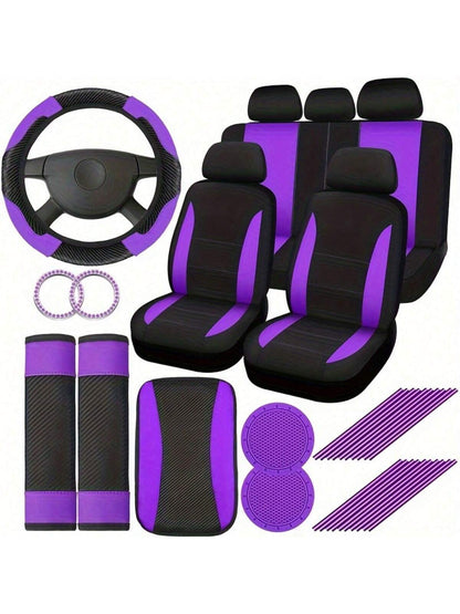 43-Piece Deluxe Pink Car Seat Cover Set: Leather Steering Wheel Cover, Cup Holder, Armrest Cushion, Seat Belt Cover, Air Freshener For Most Cars, SUVs And Trucks- The Perfect Choice For Stylish Ladie