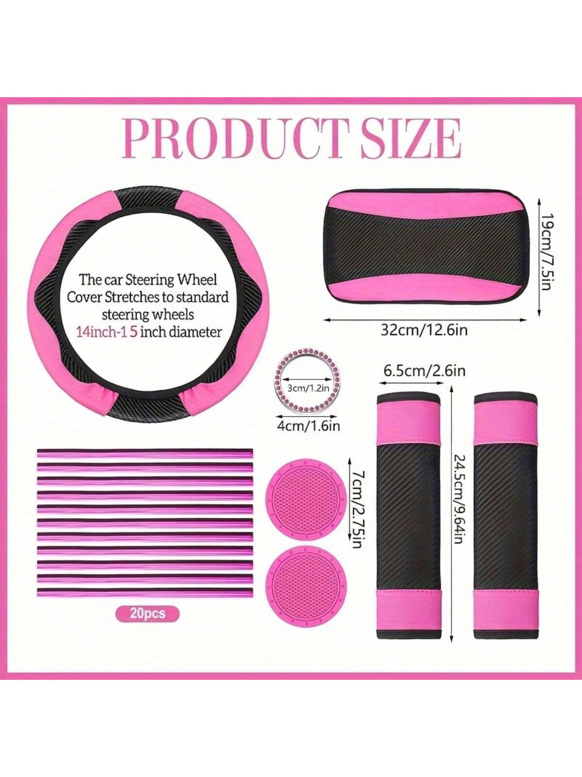 43-Piece Deluxe Pink Car Seat Cover Set: Leather Steering Wheel Cover, Cup Holder, Armrest Cushion, Seat Belt Cover, Air Freshener For Most Cars, SUVs And Trucks- The Perfect Choice For Stylish Ladie