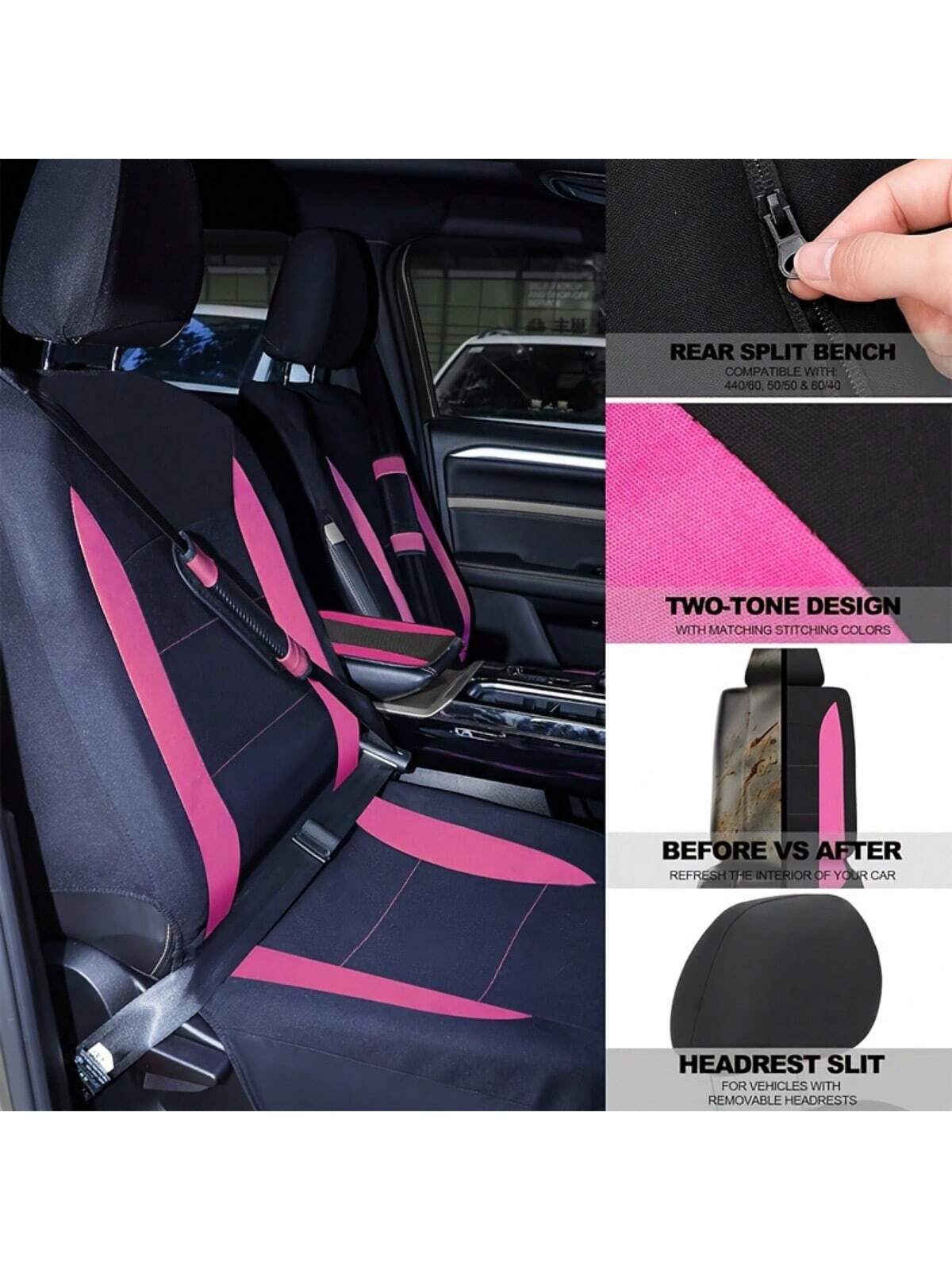43-Piece Deluxe Pink Car Seat Cover Set: Leather Steering Wheel Cover, Cup Holder, Armrest Cushion, Seat Belt Cover, Air Freshener For Most Cars, SUVs And Trucks- The Perfect Choice For Stylish Ladie